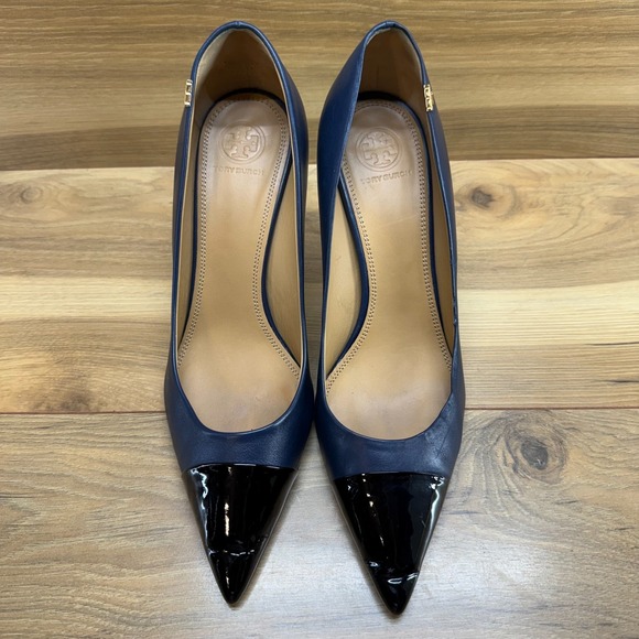 Tory Burch Penelope Cap Toe Heels 10 M Navy Blue Black Cap Toe - Picture 5 of 11